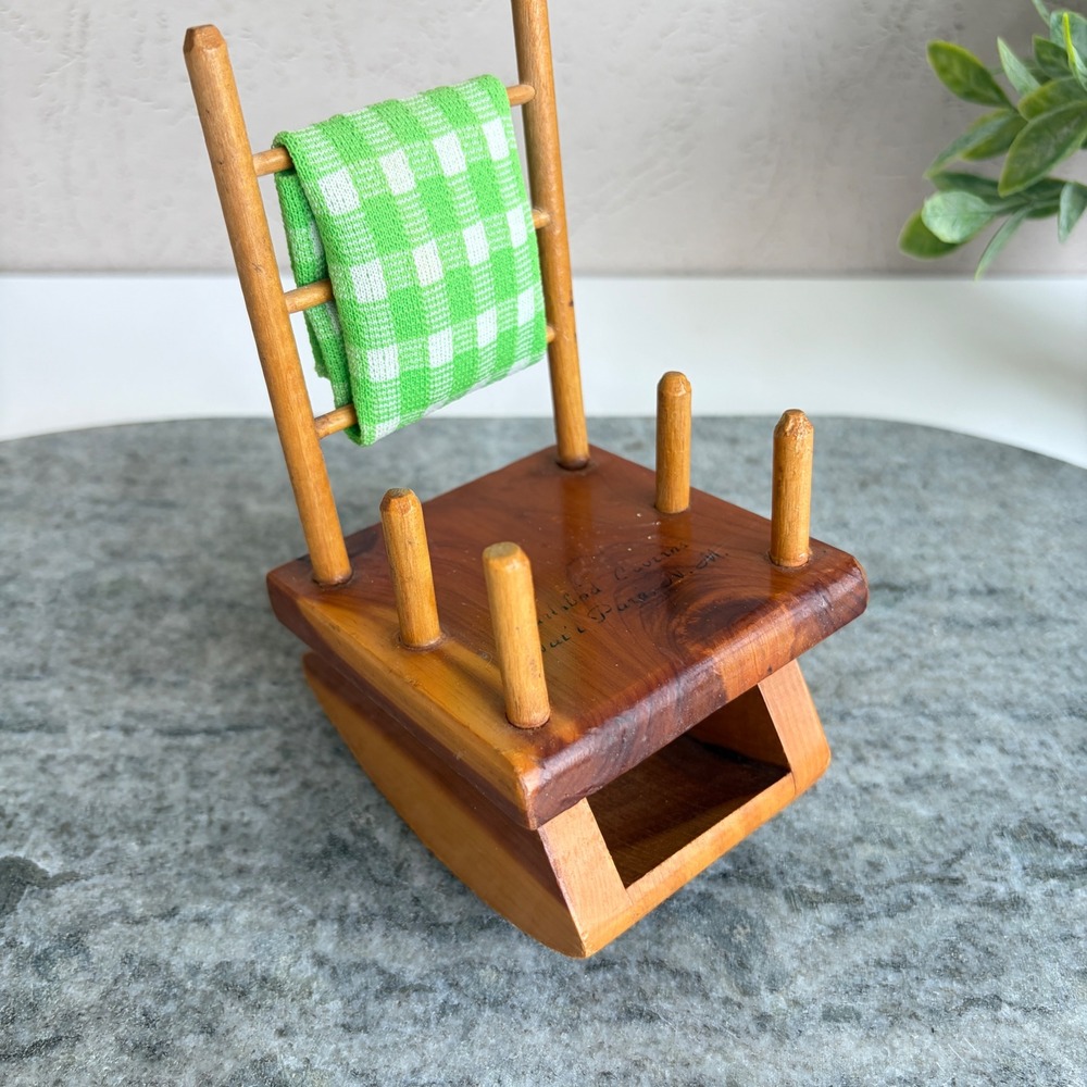 Vintage Carlsbad Caverns Wooden Rocking Chair Pin Cushion and Bobbin Holder